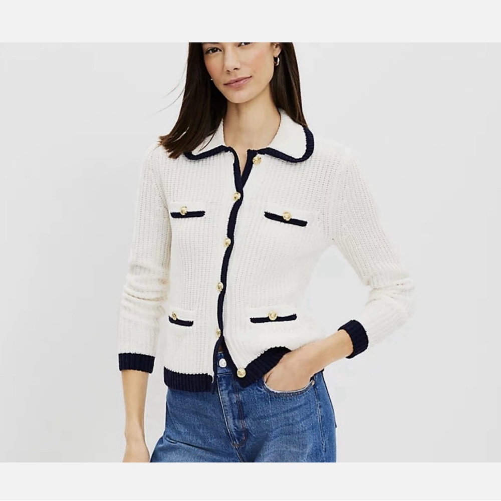 LOFT White Cardigan with Navy Accents